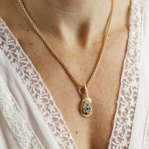 Matte Gold Dalmatian Jasper Teardrop T-bar Necklace by Peace of Mind